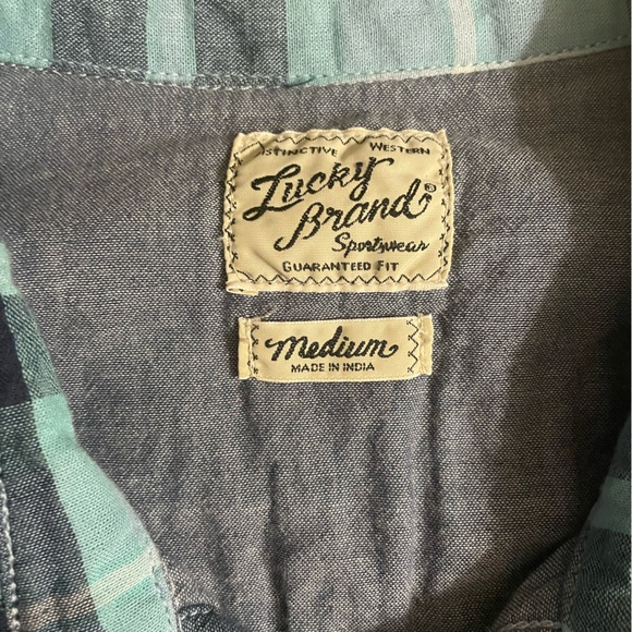 Lucky Brand Teal and Navy Plaid Button down short sleeve Men's Shirt Medium - Picture 2 of 9